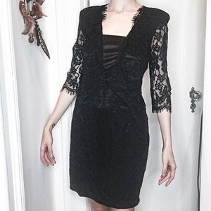 Black lace bodycon cocktail dress with pockets
